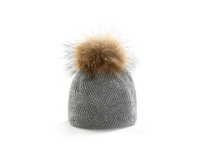 Womens winter hat with real fur pompom