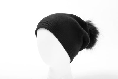 Womens winter hat with real fur pompom